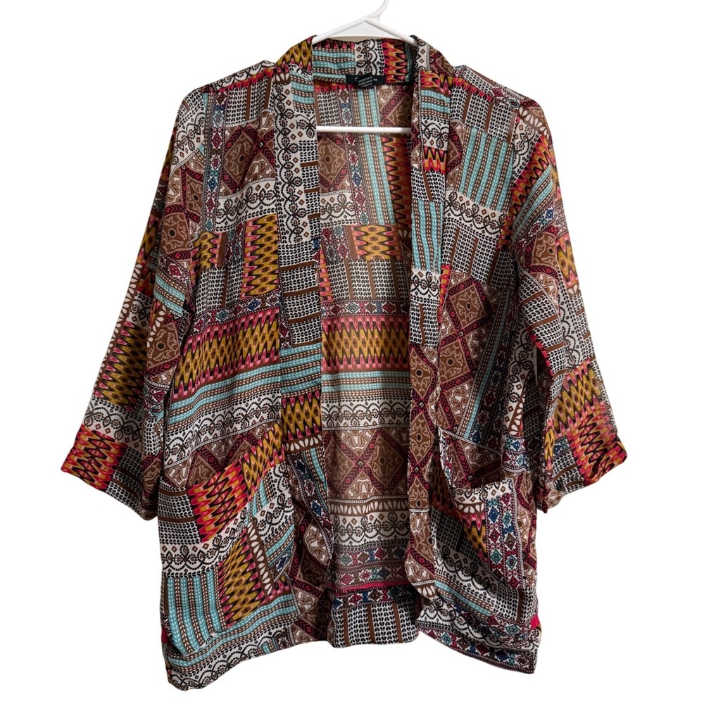 Style House Womens Kimono Cardigan M Multicolor Geometric Patchwork Boho